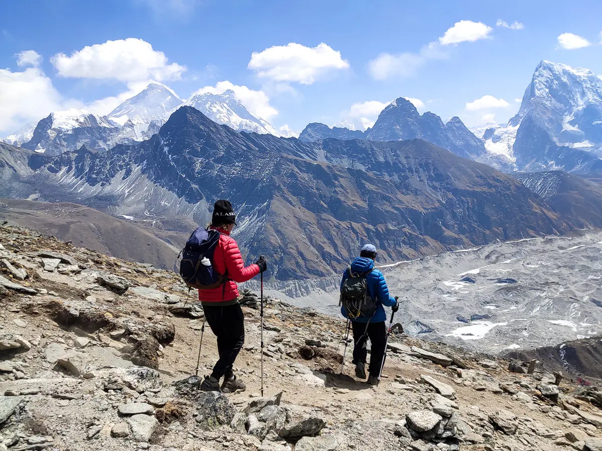 Hiking Down from Gokyo Ri with Mt Everest in the background