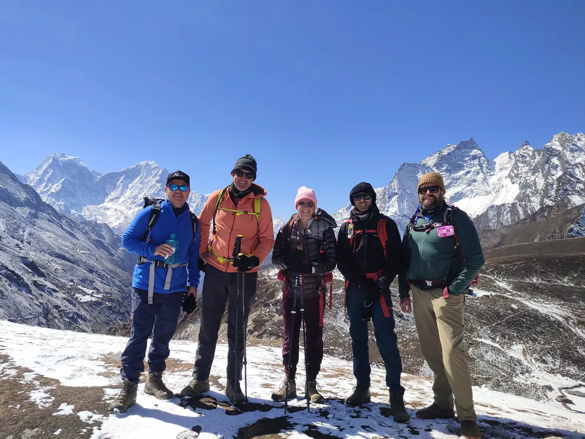 Happy trekkers on the way to Gokyo from Machhermo