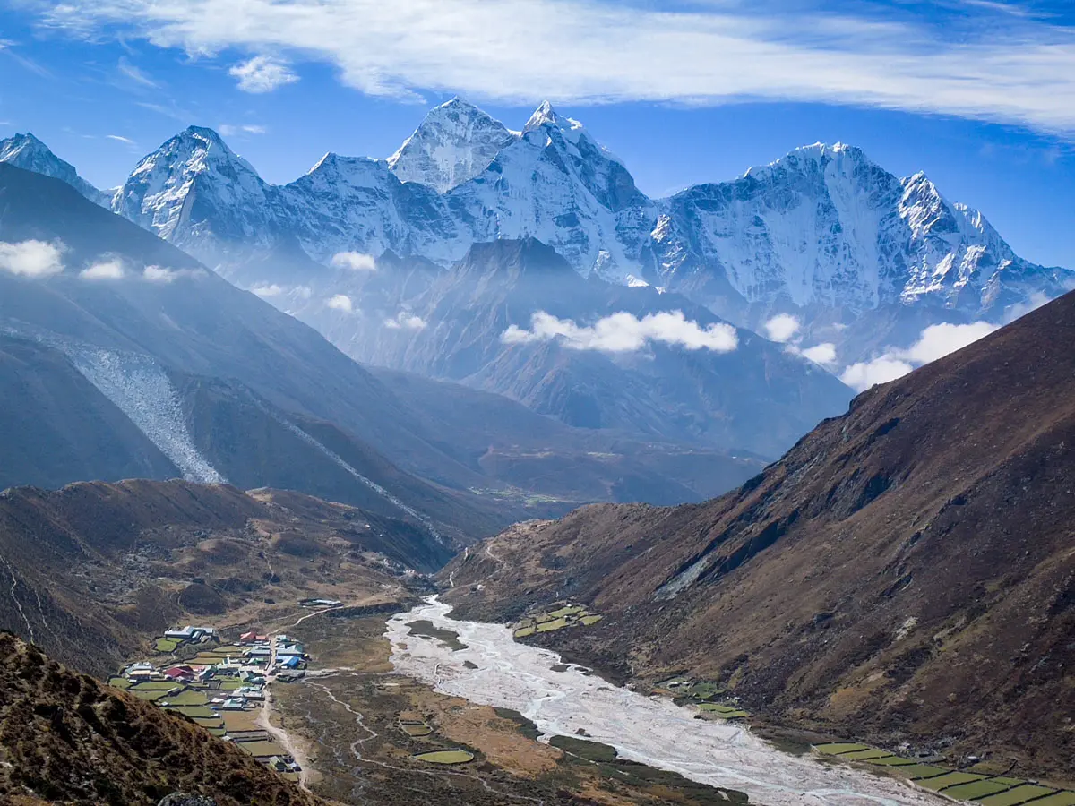 Picturesque Pheriche village with Mt Kangtega in the background