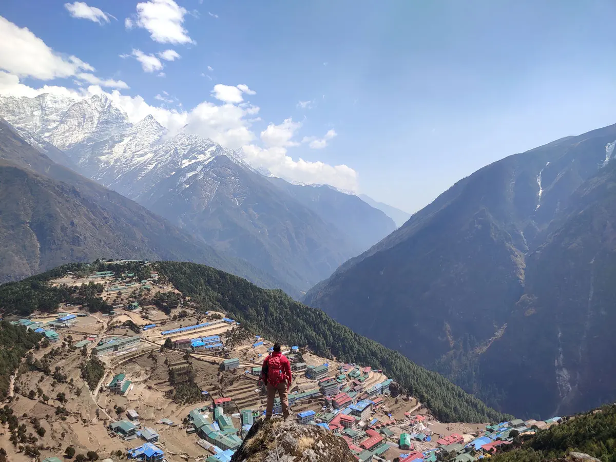 A trekker overlooking Namche Bazaar