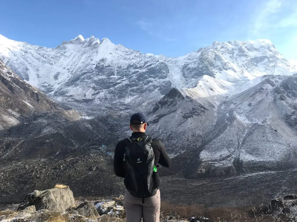 Gazing at Kyanjin Gompa on the way to Ganja La Pass